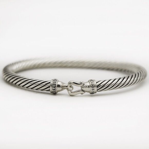 David Yurman 925 Silver and Diamonds Cable Hook Buckle Bangle Bracelet - Picture 5 of 7